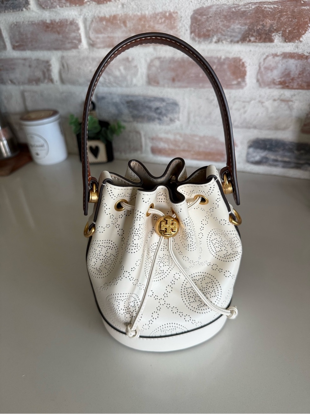 Tory Burch Mini T Monogram Perforated Bucket Bag NWOT